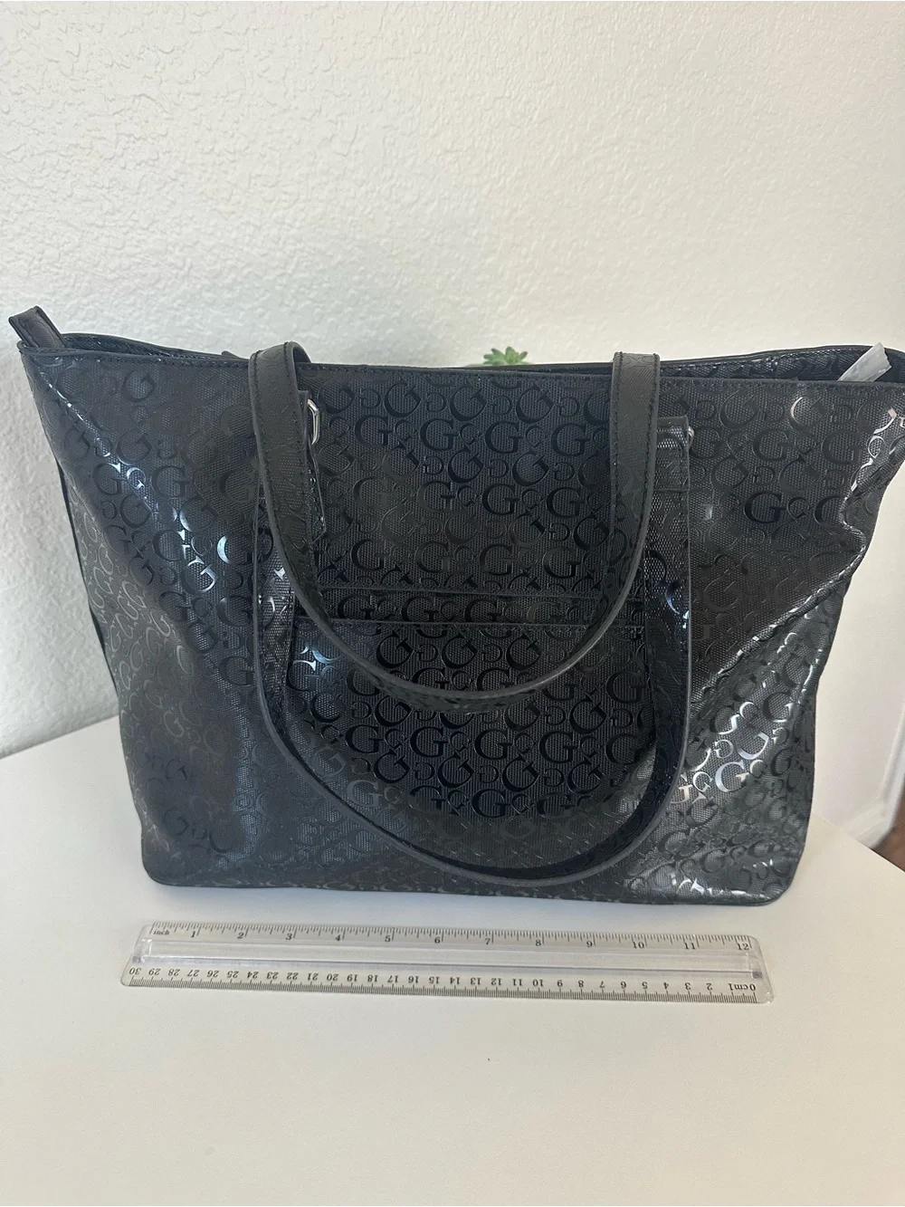 GUESS Black Patent Logo Tote with Removable Coin Pouch